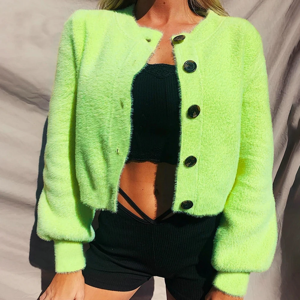 2020 женский кардиган с длинным рукавом свитера неоновый зеленый новые осенние