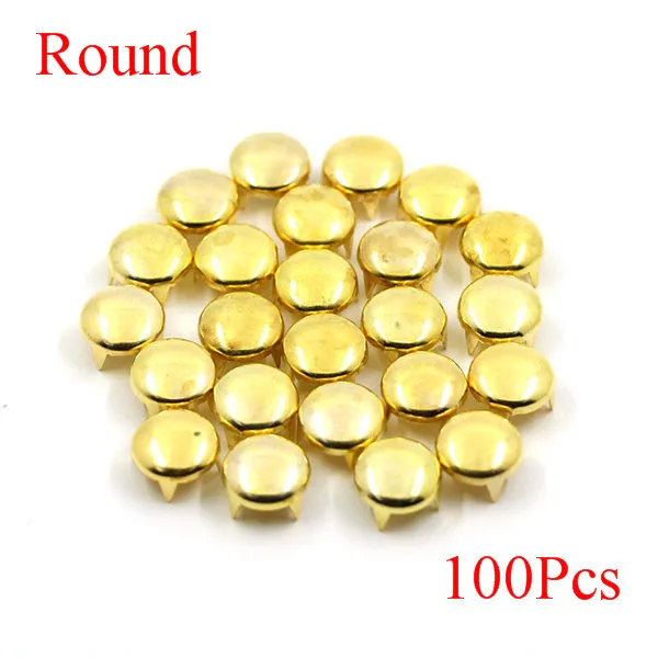 Gold Round 100 шт. квадратные пирамидальные шпильки с заклепками, четыре металлические шпильки с заклепками для кожаной обуви в стиле панк, кожаные браслеты, аксессуары - Color: Gold Round