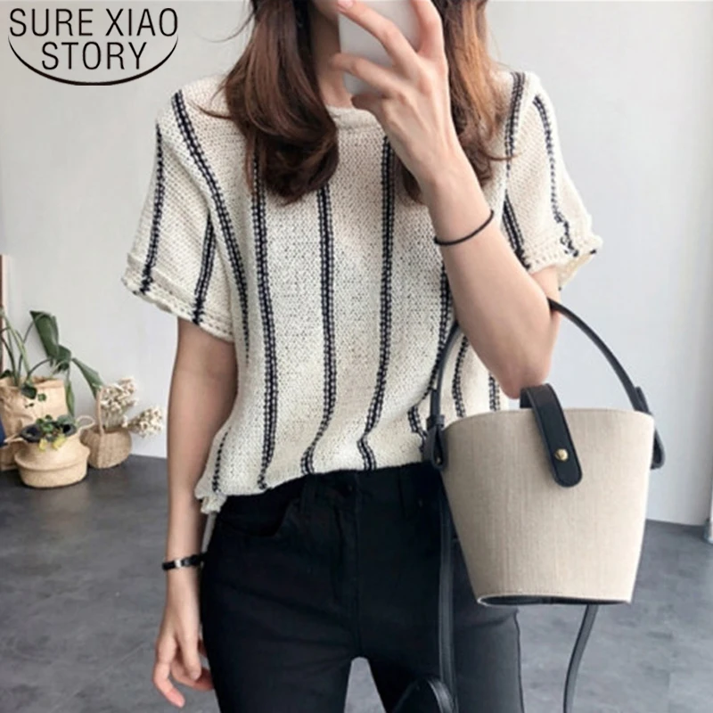 

2020 Summer New Simple Slim-Fit Knitted Short Sleeve Blouse Women Round Neck Striped Women Blouse All-match Fashion Tops 8789 50
