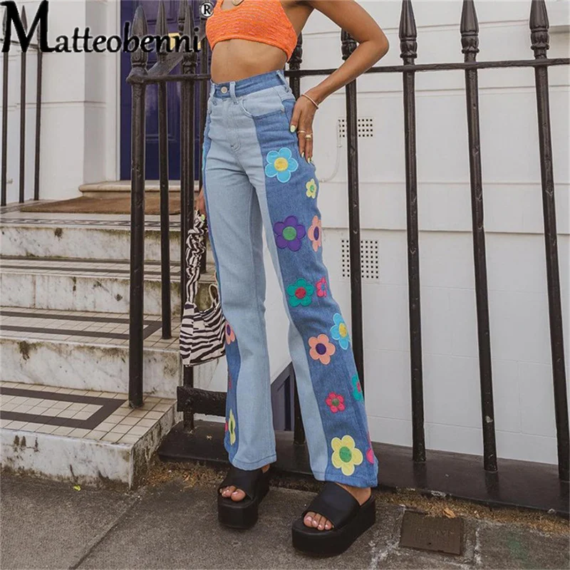 Sexy High Waisted Flower Printed Graphic Jeans Patchwork Fashion Streetwear Ladies Denim flared Pants Cropped Trousers Vintage