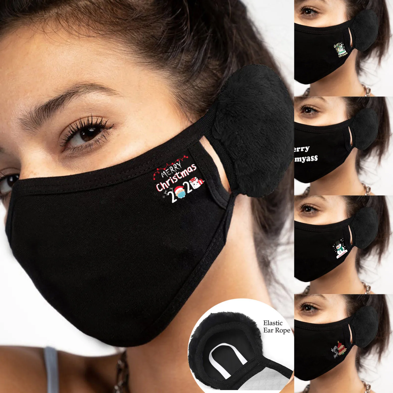 

Unisex Christmas Print Winter Warm Hair Ball Earmuffs Face Mask Outdoor Ear Protection Face Mask Washable Windproof Mouth Masks