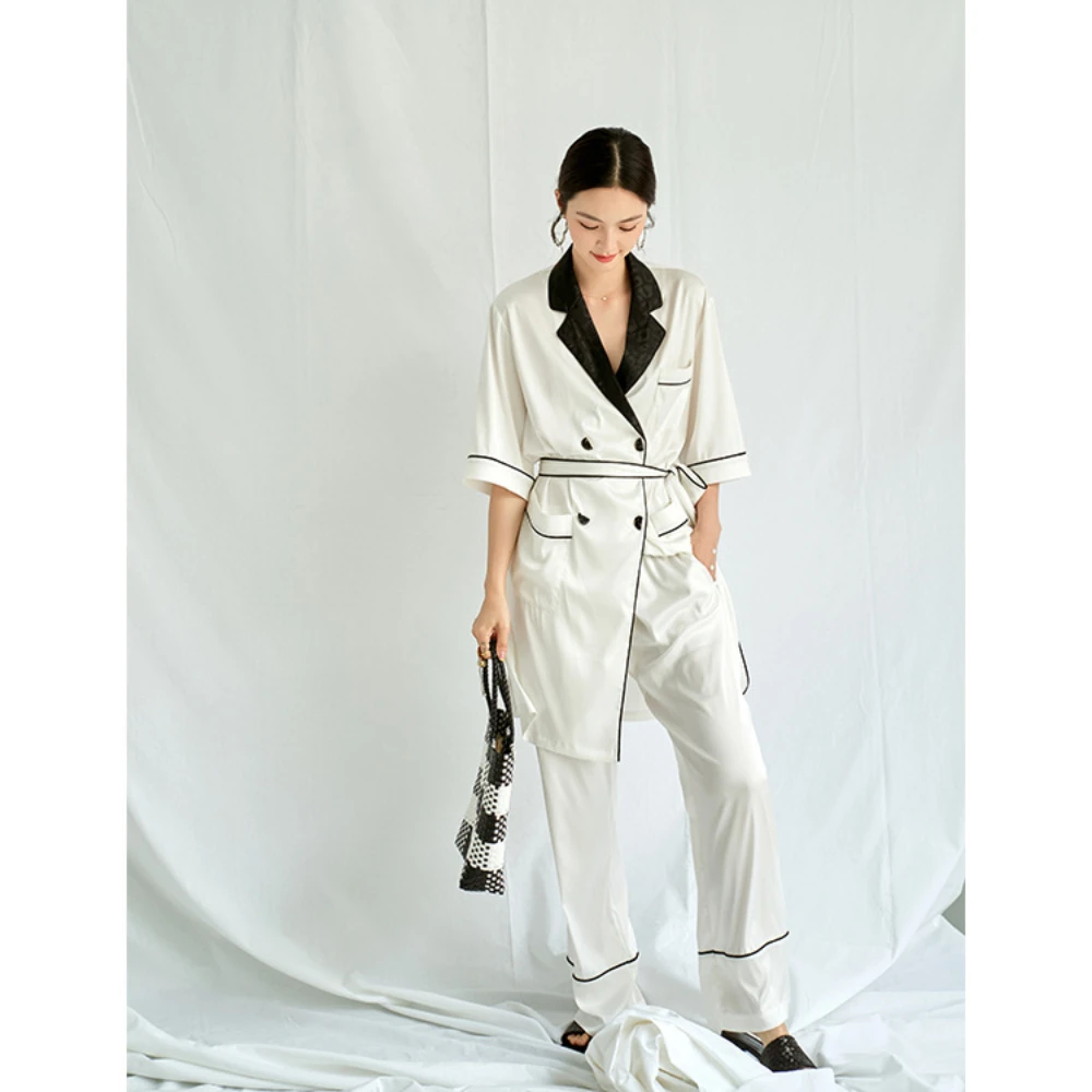 

Maison Gabrielle 201 New Summer Black White Silk Satin Pajamas Set Loungewear Sleepwear for Women 3Pcs Half Sleeve Long Pants