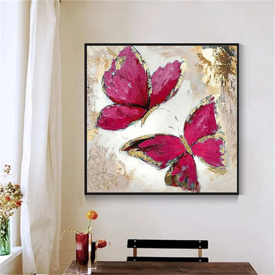 

Hand-painted Phnom Penh Oil Painting Abstract Butterfly Painting Red Modern Decorative Wall Art Living Room Decoration on Canvas