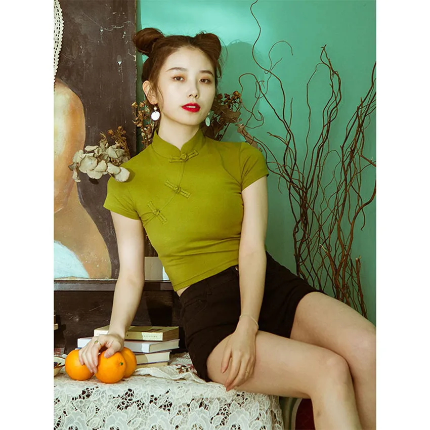 Китайский топ женские тонкие рубашки с коротким рукавом летние Hanfu сексуальная девушка Qipao традиционный Топ