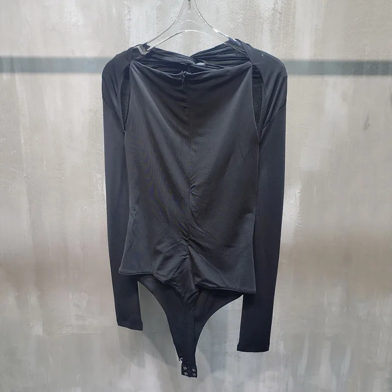 SeeBeautiful Sexy Hollow Out Stitching Bodysuits O Neck Long Sleeve Elastic Short Jumpsuits New Fashion 2021 Spring Women E104