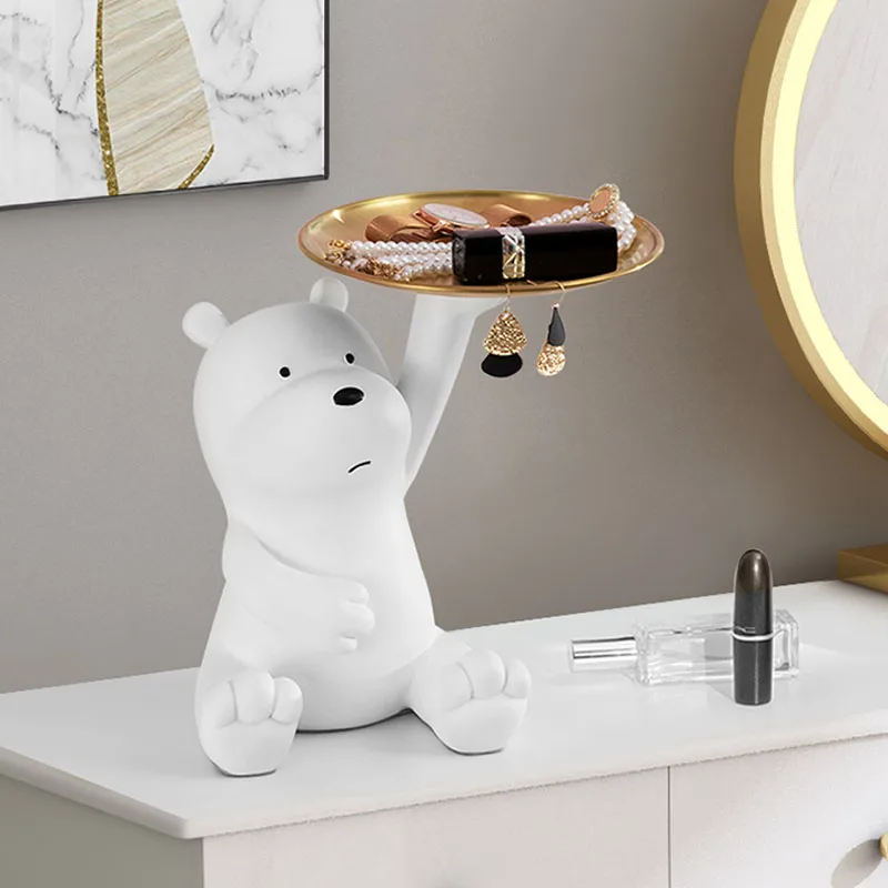 

Cartoon White Bear Storage Figurines With Plate Home Living Room Table Display Container Artware Decoration Furnishings Ornament