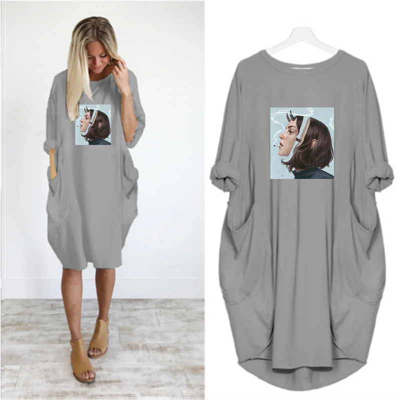 

Harajuku Cartoon Girl Print Women Dresses Long Sleeve o Neck Autumn Vintage Loose Midi Dress Party Club Streetwear Vestidos