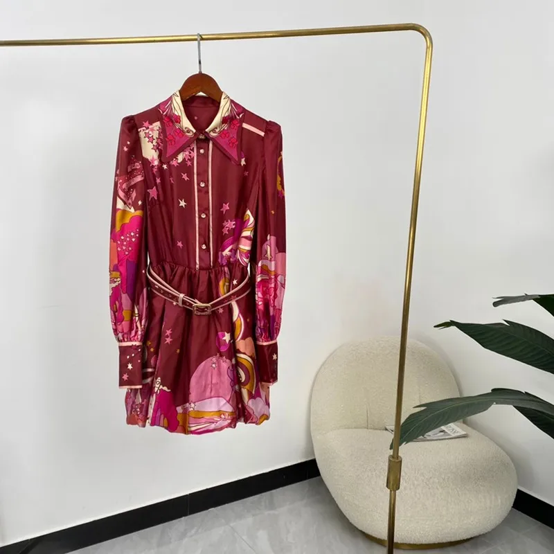 

Женское однобортное платье-трапеция, красное шелковое мини-платье с отложным воротником и длинным рукавом, с мультяшным принтом, осень 2021