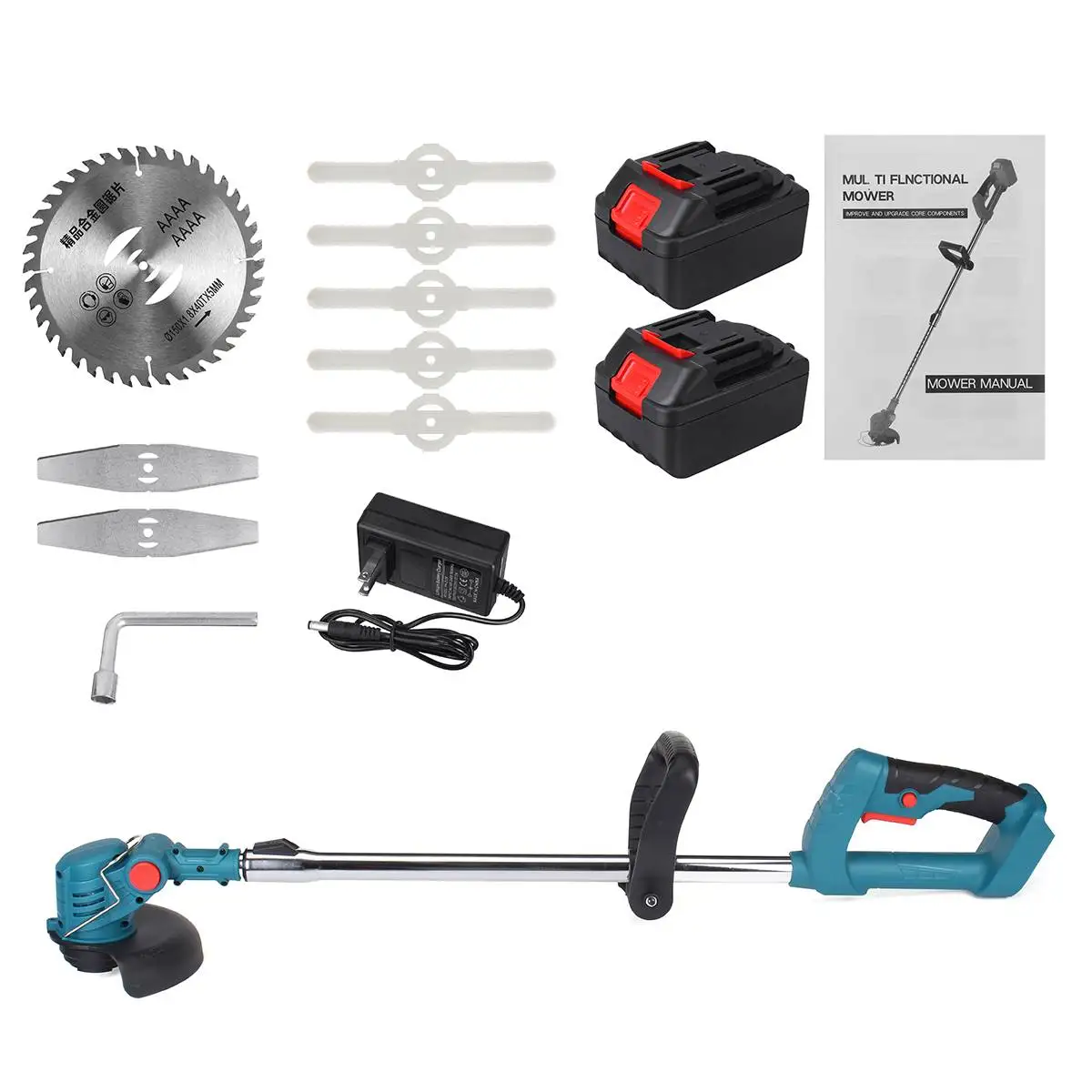 

15PCS Electric Grass Trimmer 1/2Battery Garden Lawn Mower Rechargeable Cordless Grass Pruning Tool machine &Wheel For Makita 21V