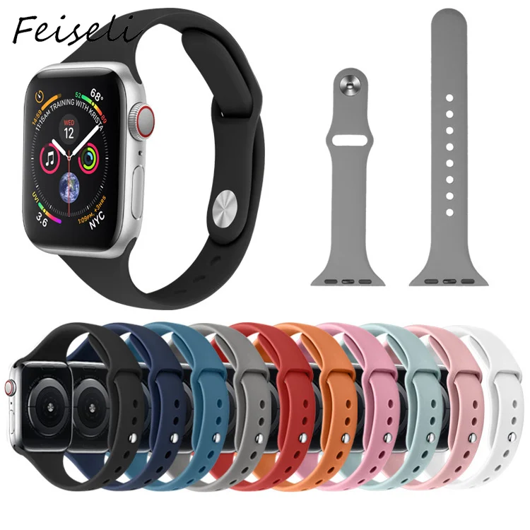 Feiseli для Apple Watch Band 1 2 3 4 5 мягкий силиконовый Одноцветный 38 мм 40 42 44 iwatch сменный