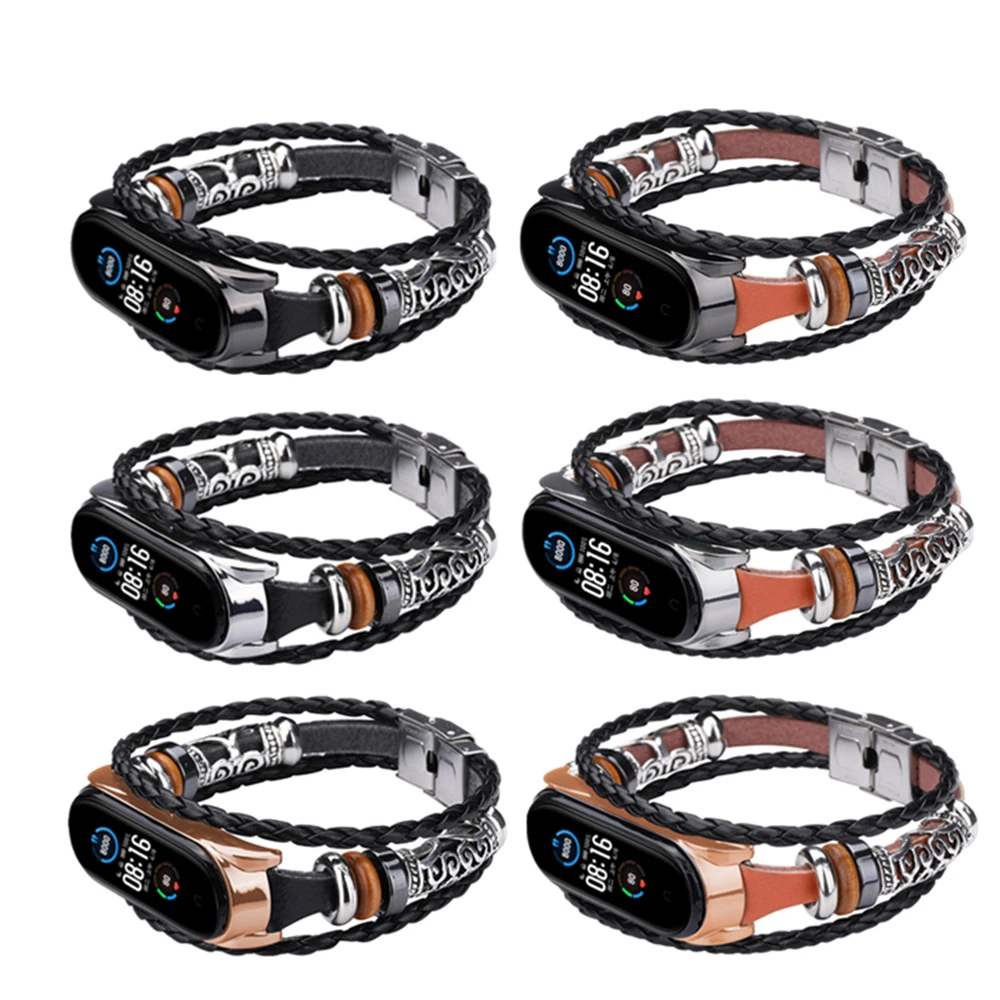 Fashion Retro Strap For Mi Band 5 6 3 4 Wristband watch Leather Straps Replacement Beading Bracelet ремешок на mi band |