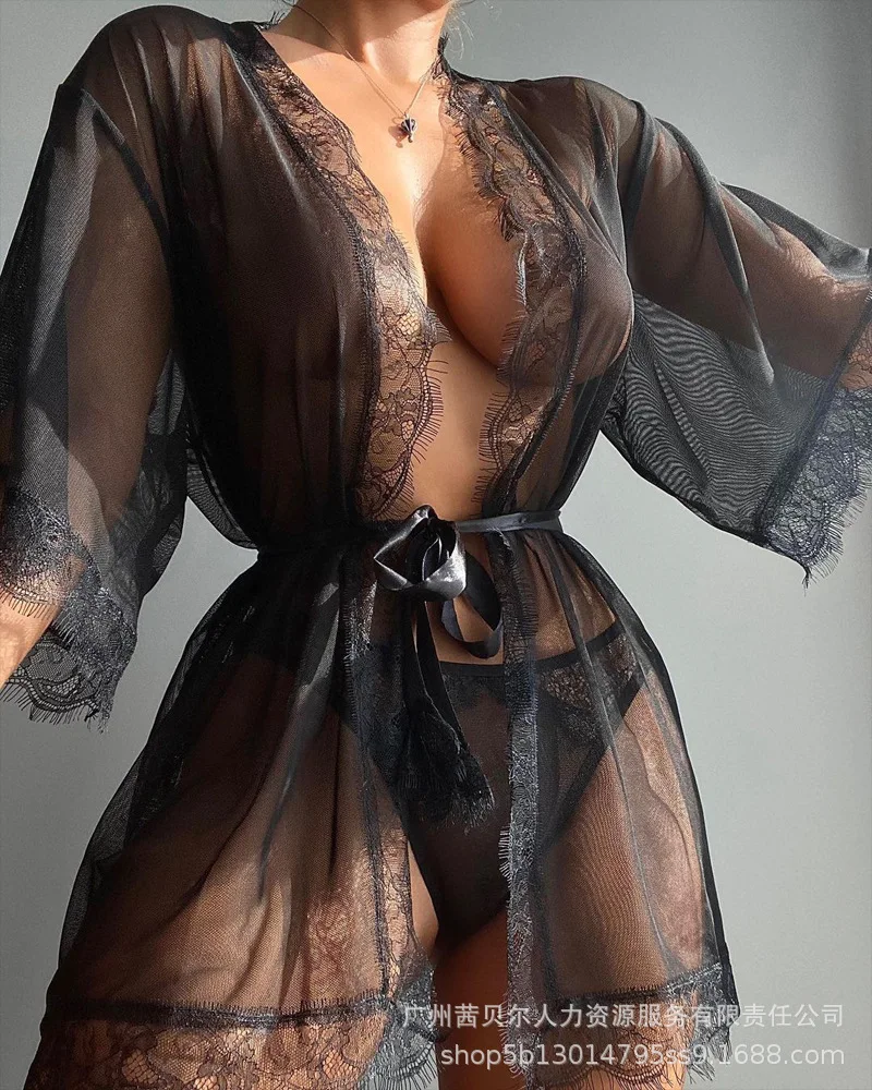 

Kalenmos Contrast Lace Sheer Mesh Belted Night Robe with Thong Women Dress Party Sexy Club Sex Robes Night Homewear