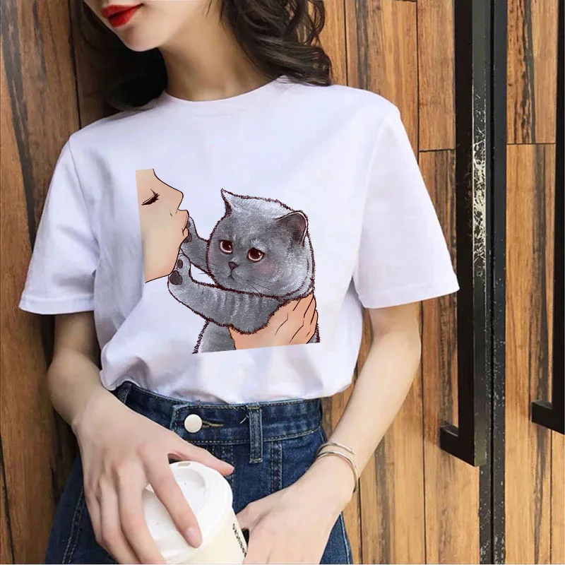 

Women's T-shirt White Simple 2021 Summer Casual O-Neck Short Sleeve Kawaii Cat Print Tshirt Animal Tops Tee Shirt tee shirt femm