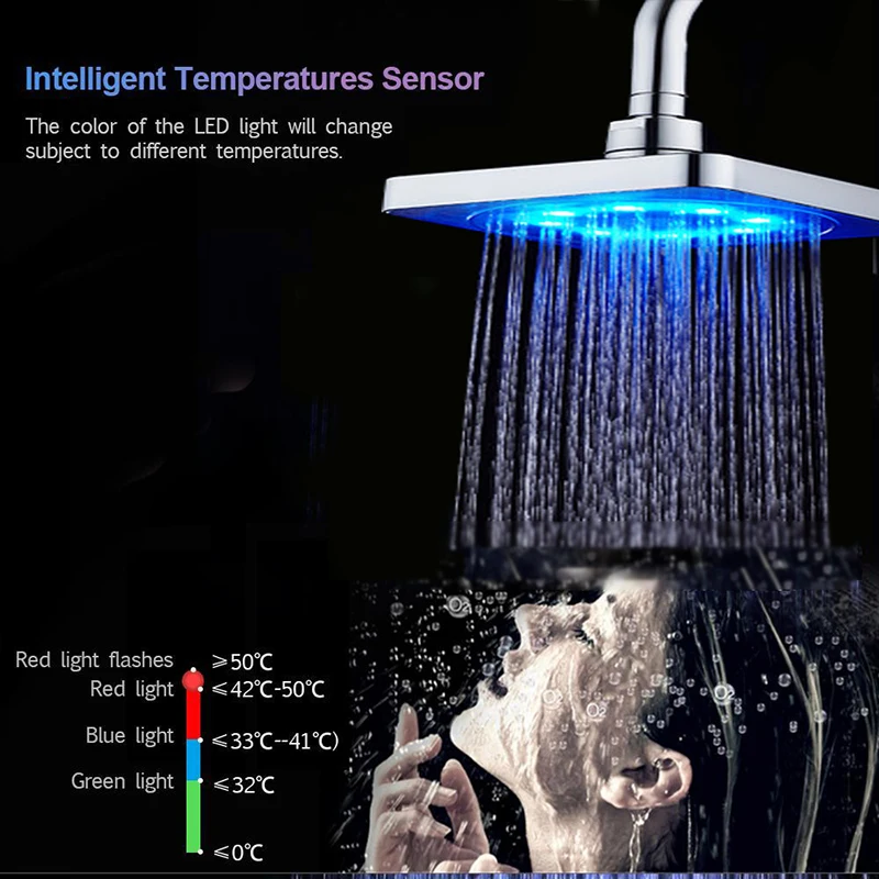 new led rainfall shower head square shower head automatically rgb 7 color changing temperature sensor showerhead for bathroom free global shipping