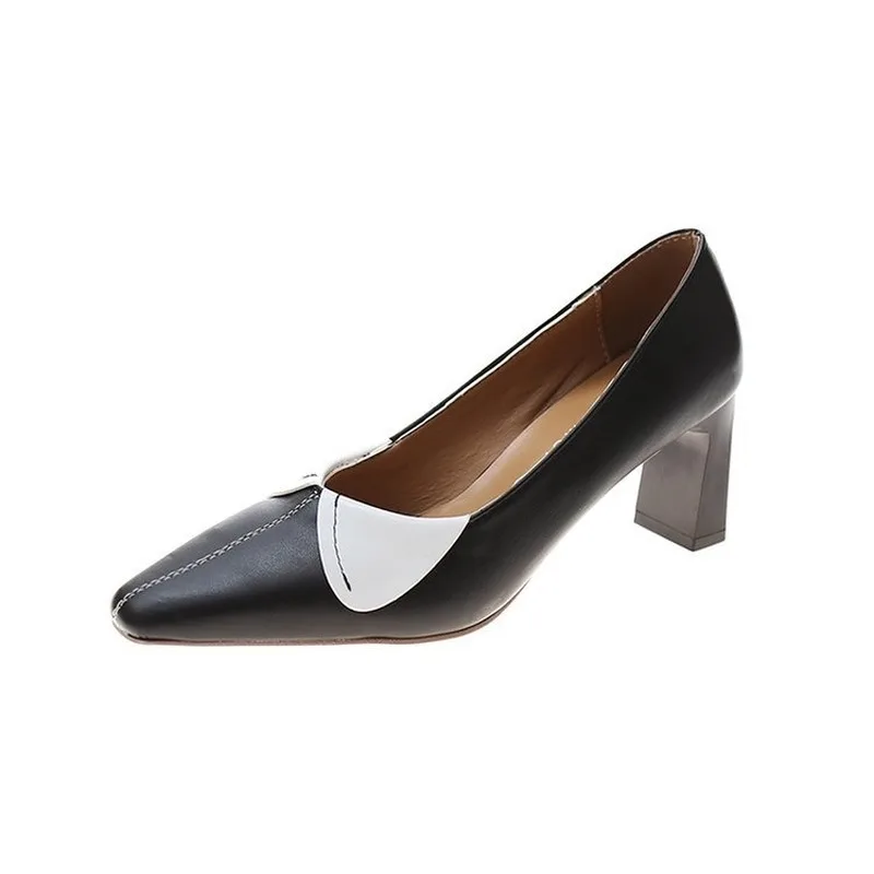 

New Fashion Retro Elegant Square-toe Shallow Mouth Single Shoes Female Stitching Thick Heel Temperament