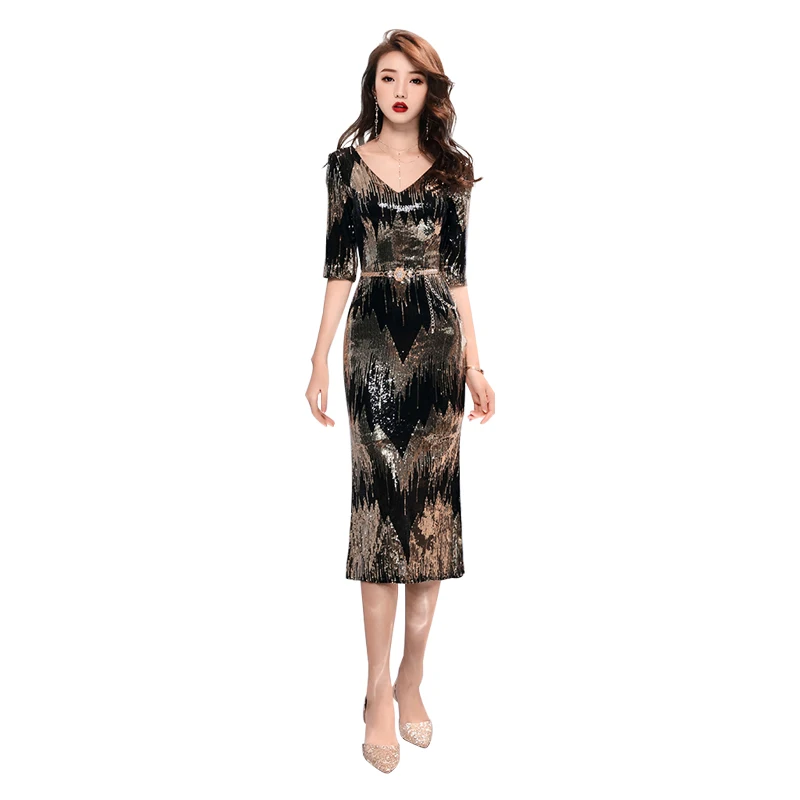 

Evening Dress Half-sleeve Crystal Robe De Soiree Zipper Women Party Dresses 2019 Long Plus Size V-neck Sequin Formal Gowns F007