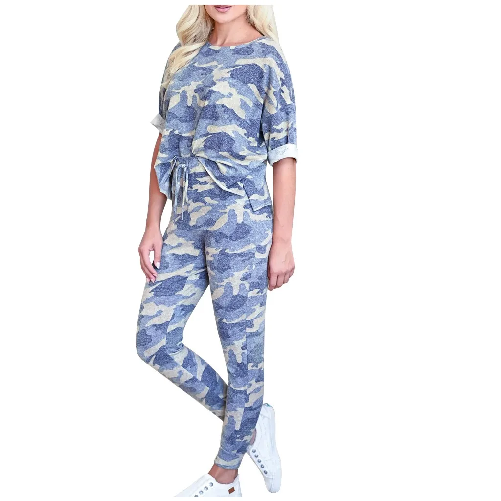 

Комплект из двух предметов, женский модный Камуфляжный костюм 2020, комплект для отдыха и дома с коротким рукавом и спортивные штаны, женский ...