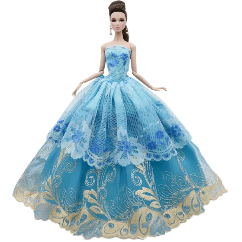 

1/6 BJD Doll Clothes Blue Floral Lace Wedding Party Gown For Barbie Accessories Outfits Off Shoulder Princess Dress Toy For Girl