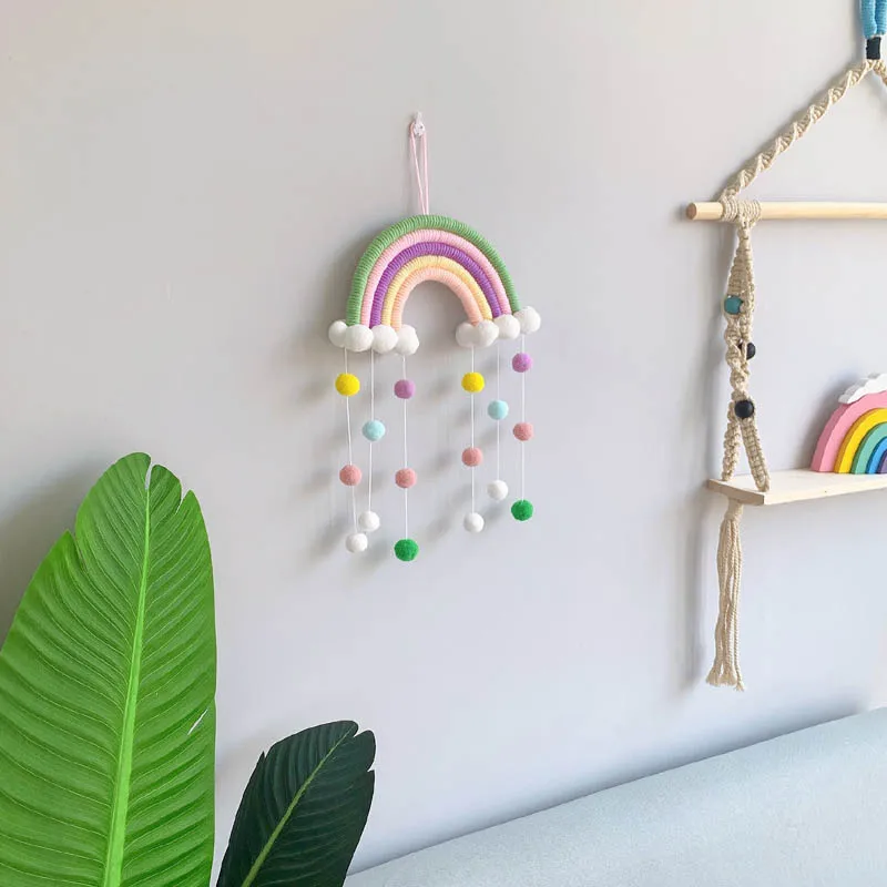 Colgante de cuerda de lana/algod&oacute;n tejido a mano de nube de arco&iacute;ris de estilo n&oacute;rdico, accesorios para fotos, Bola de fieltro multiusos, bricolaje-2