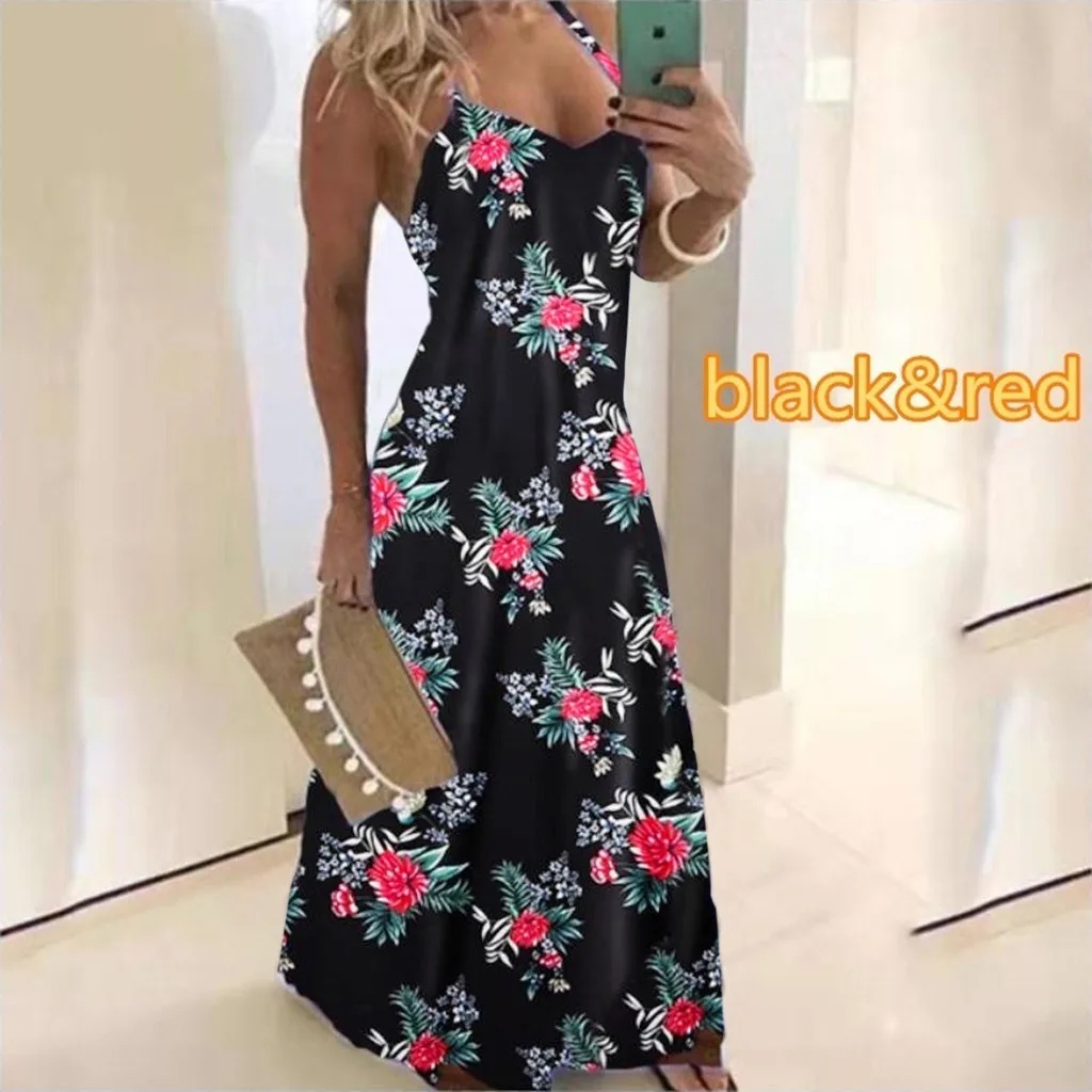 Женское платье с цветочным принтом Длинное свободное в стиле бохо без рукавов V