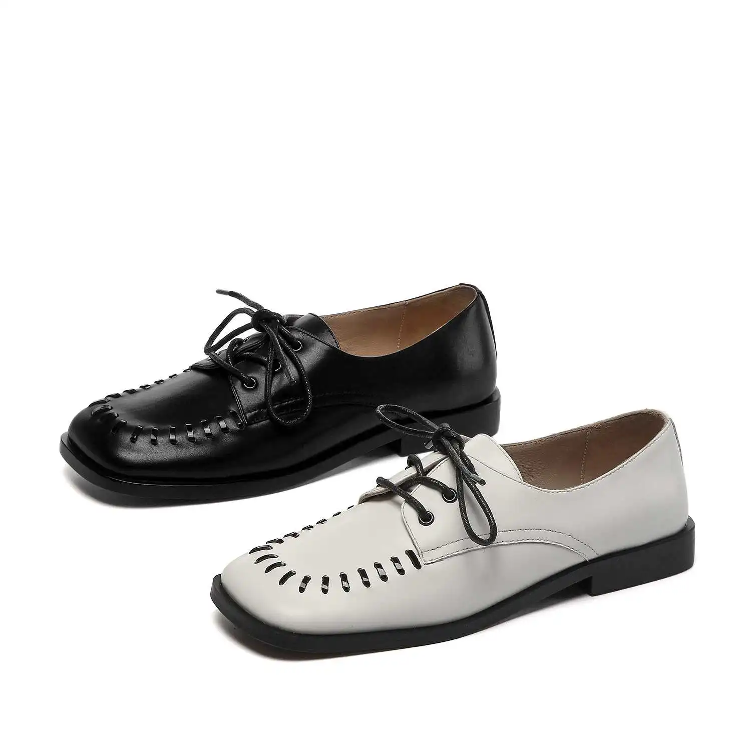 

Krazing Pot new arrival european style full grain leather mixed colors square toe thick low heel lace up modern women pumps L84