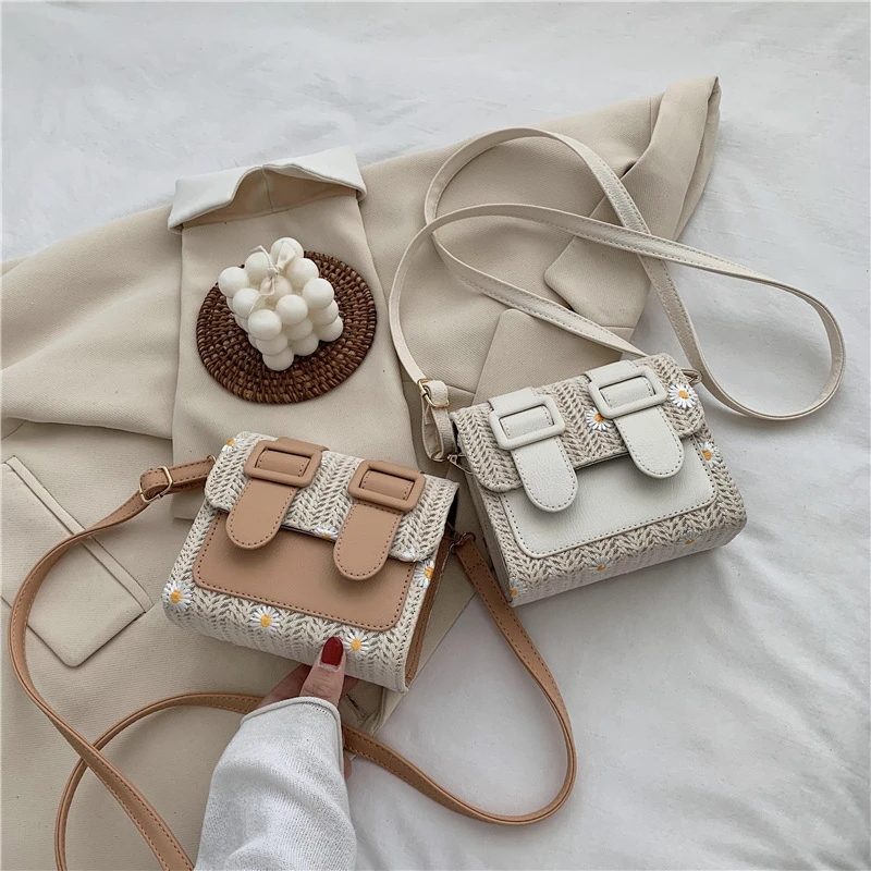 

2021 Fashion Women Shoulder Bag Straw Plaited Pack Ladies Beach Mini PU Square Pocket Daisy Messenger Handbags Purse Satchel