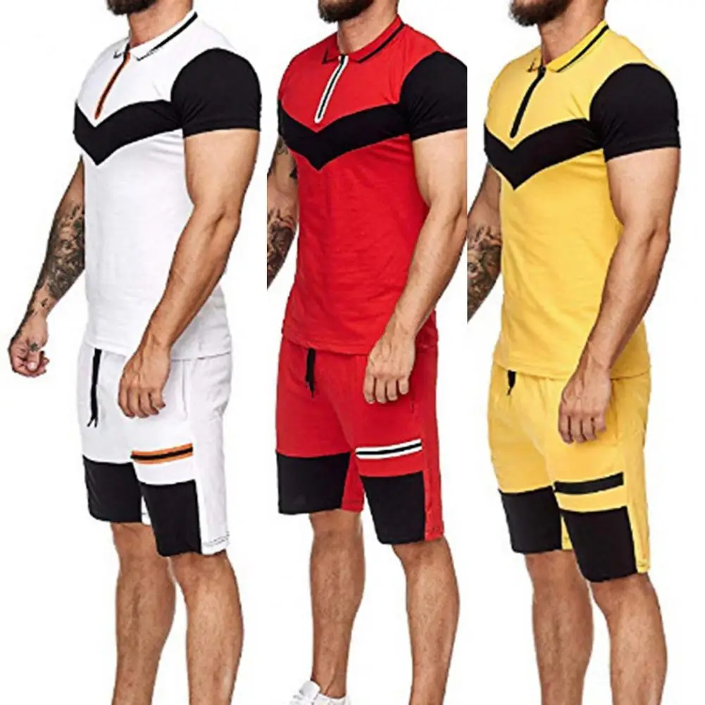 

80% Лидер продаж! Костюм Цвет блока шнурок Для мужчин короткий рукав Футболка с нагрудной вышивкой, комплект с шортами для Фитнес