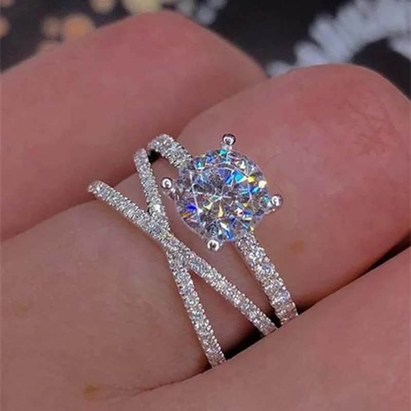 

Dainty Luxury Silver Color Twining Shape Full Zircon Ring For Female Trendy Wedding Engagement Party Jewelry Valentine Gifts