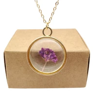 purple blossom babysbreath real flower glass gold color pendant chain long necklace women boho fashion jewelry bohemian