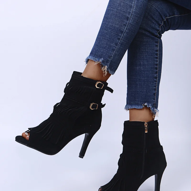 

Fashion design tassel open toe buckle decoration women's ankle sandals dress shoes high heel short sandals large size 45