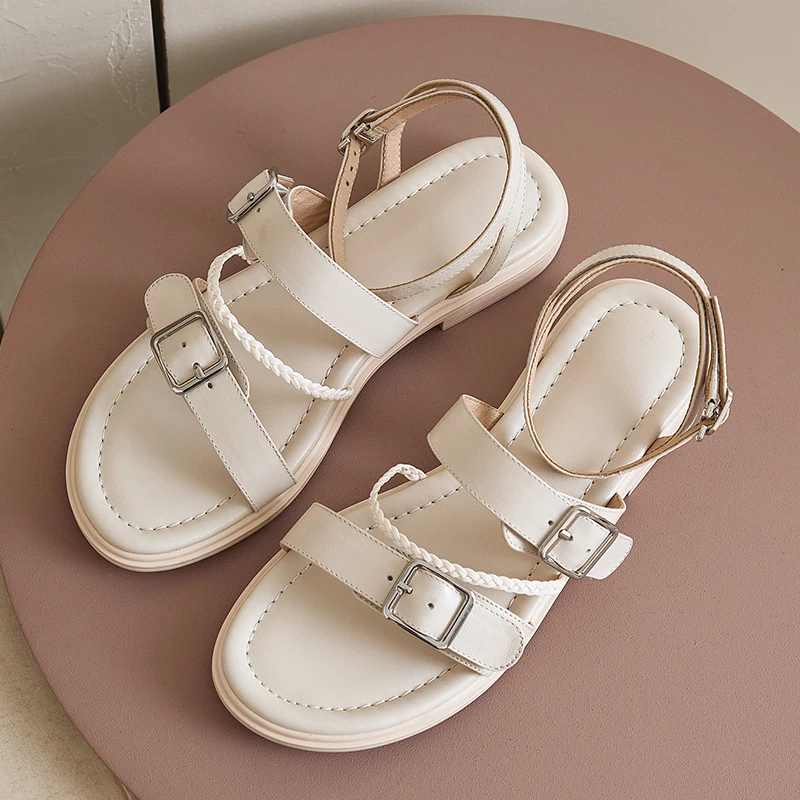 

Genuine Leather Metal buckle Decoration Women'S Sandals Concise Shallow Thick Heels Pumps Summer Casual Office Lady Shoes Woman