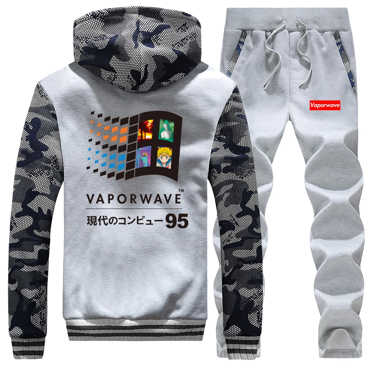 Vaporwave Hoodies Pants Set Men Japanese Anime Aesthetic 80s Tracksuit Coat Track Suit Winter Thicken Fleece Jacket 2 Piece Sets | Мужская
