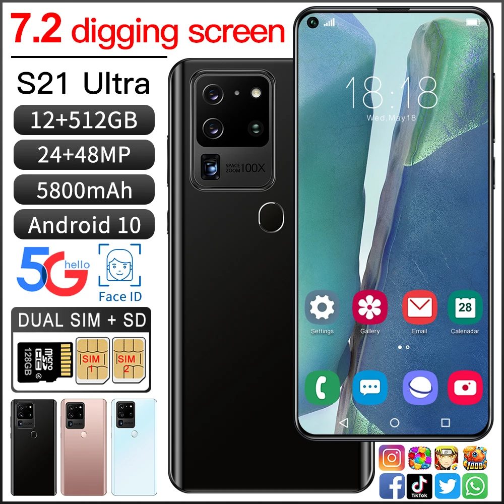 

S21 Ultra 5G Android10.0 Dual SIM 5000mAh Big Battery Cheap Phone Cellphone Send Free Gifts SANSUMG 7.2Inch HD Newest Smartphone