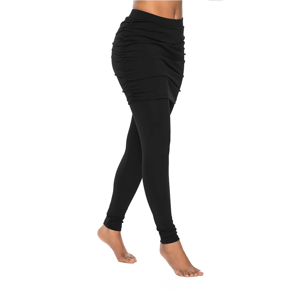 

High Waist Leggings Running Pants WomenWrap Hip Side Pleated Skirt Fake Two Pieces Sexy Skirted Leggings Casual Pants