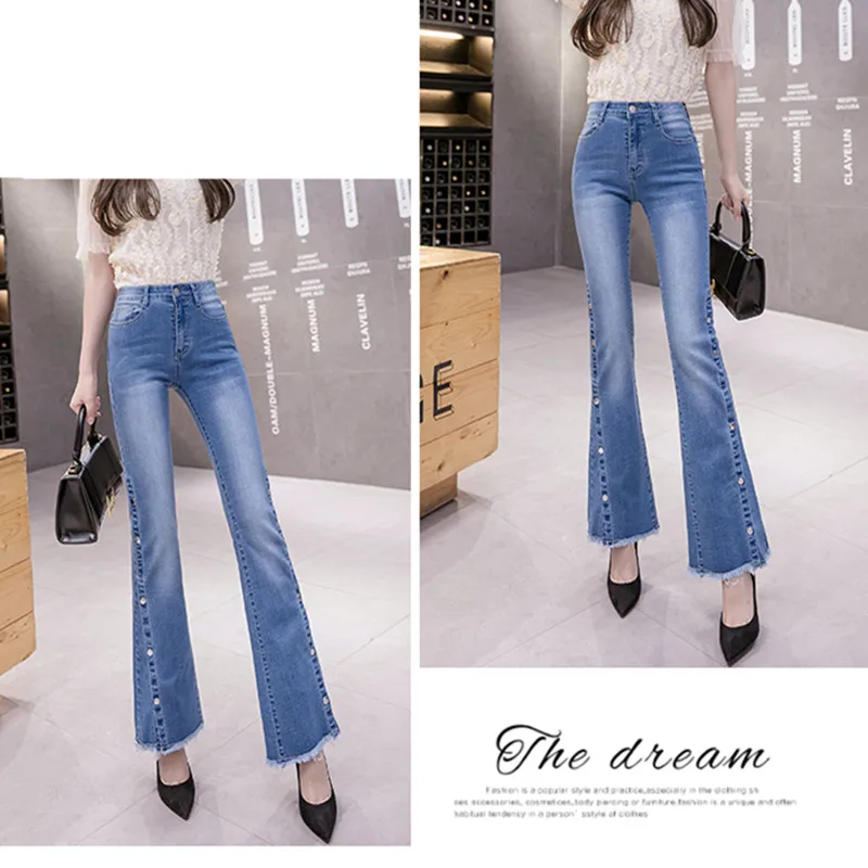 

Women Vintage Denim Ladies Flare Jeans Girls High Waist Fashion Stretch Pocket Trousers Wide Leg Slit jeans With Buttons