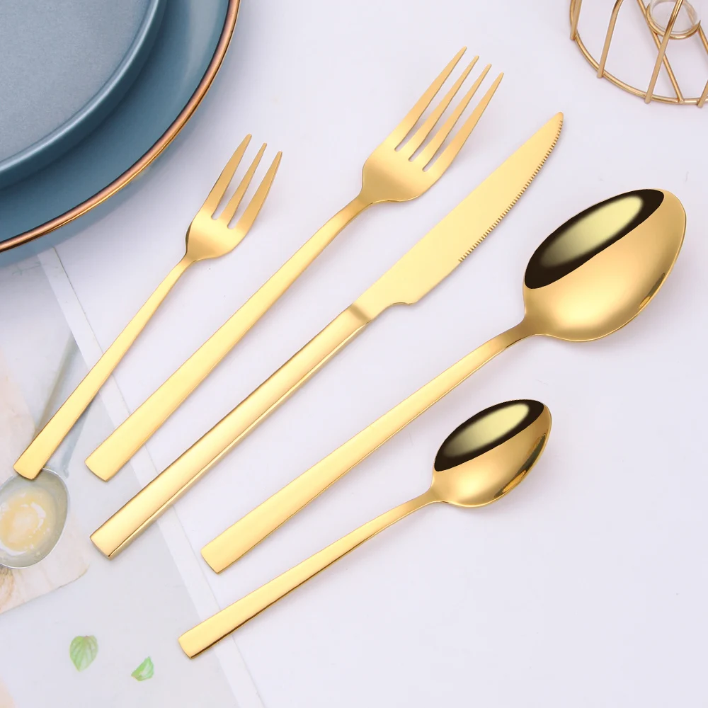 Cutlery Set Gold Stainless Steel 5 Piece with Tea Fork Tableware Dinnerware Spoons Knives Eco Friendly | Дом и сад