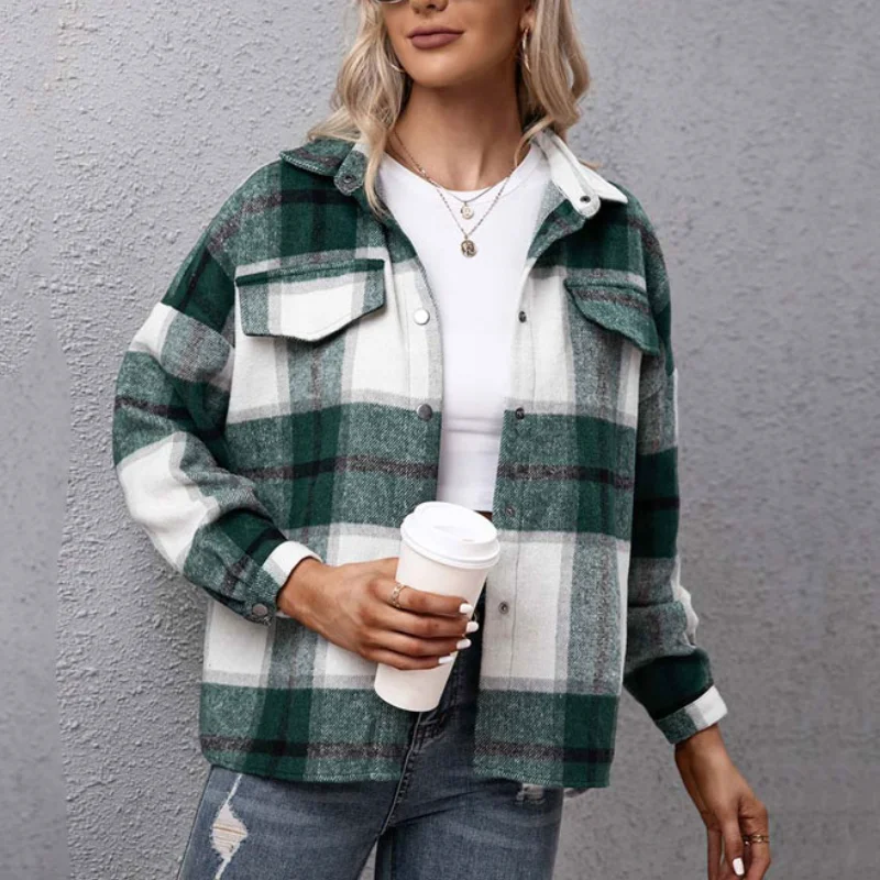 

Plaid Shirts Women Loose Checkered Short Jacket Female Long Sleeve Buttoned Shirt Blouse Women Fashion Thick Tops Mujer Autumn