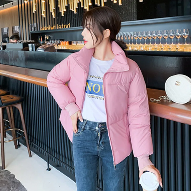 

2021 new fashion Korean version loose large size solid color zipper stand collar short European style down padded jacket women