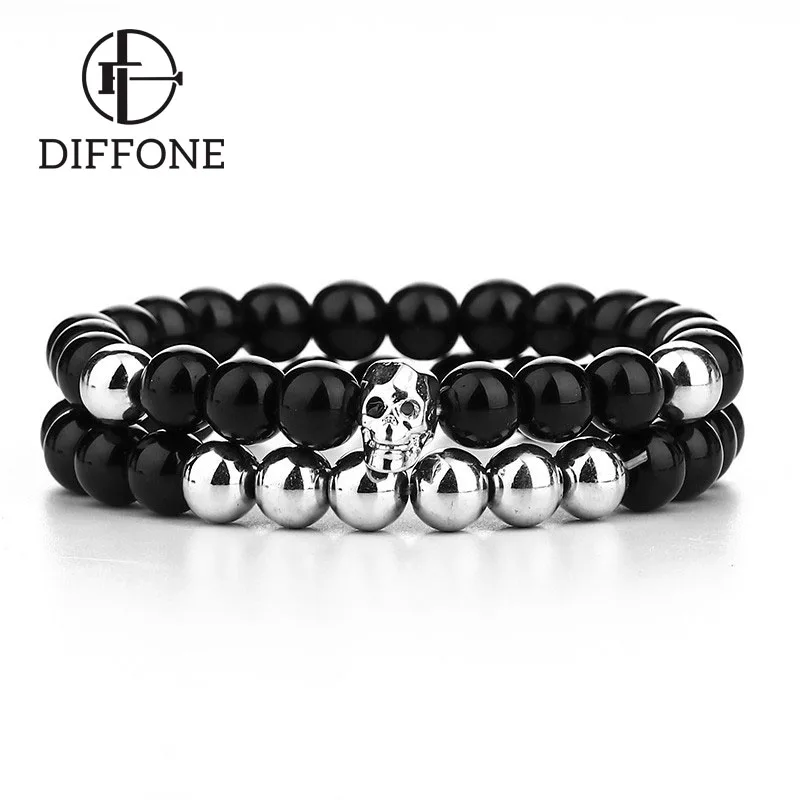 Мужской браслет с черепом Diffone гладкий обсидиановым камнем дистанционным