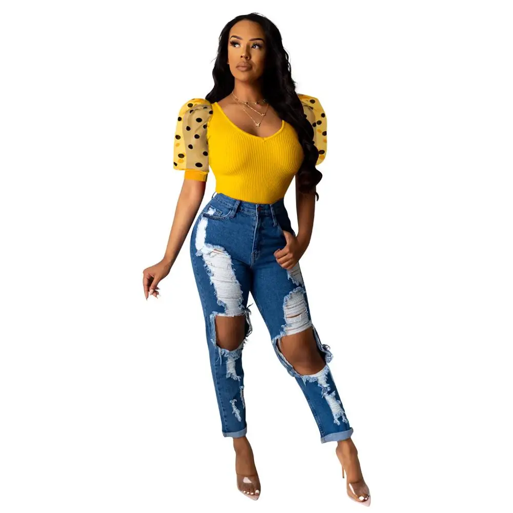 Однотонный пикантный топ в рубчик с пышными рукавами горошек прозрачная