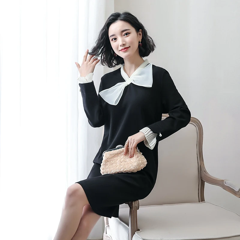 Новое винтажное женское платье с бантом свободное тонкое французское черное 917 |