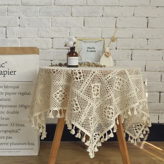 

Vintage American Handmade Crochet Lace Round Tablecloth Garden Knit Hollow Literary Tassel Coffee Table Cover Cloth