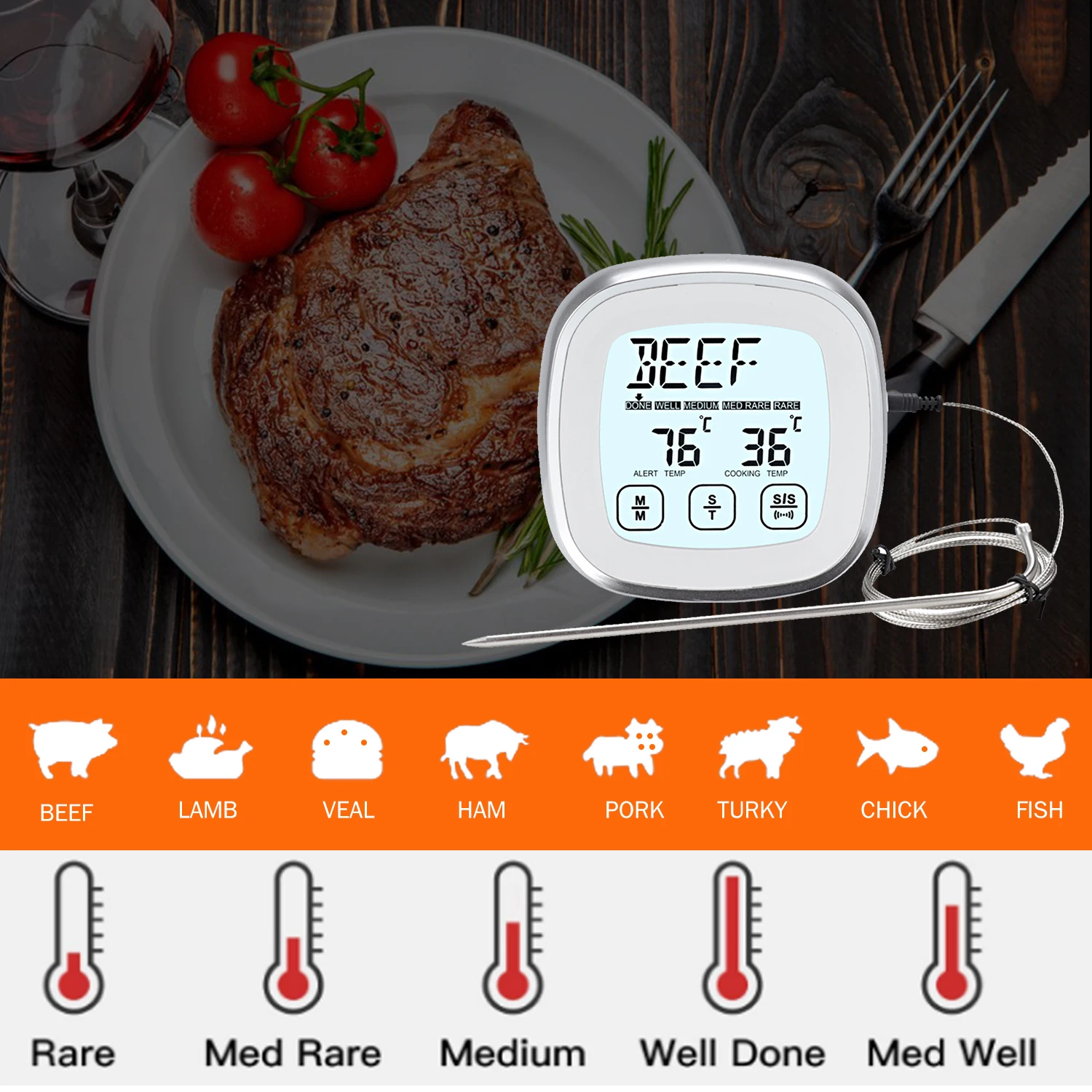 

Digital Thermometer for Oven BBQ Grill Kitchen Food Smoker Cooking Backlight Touchscree with Timer Alarm and A Waterproof Probe