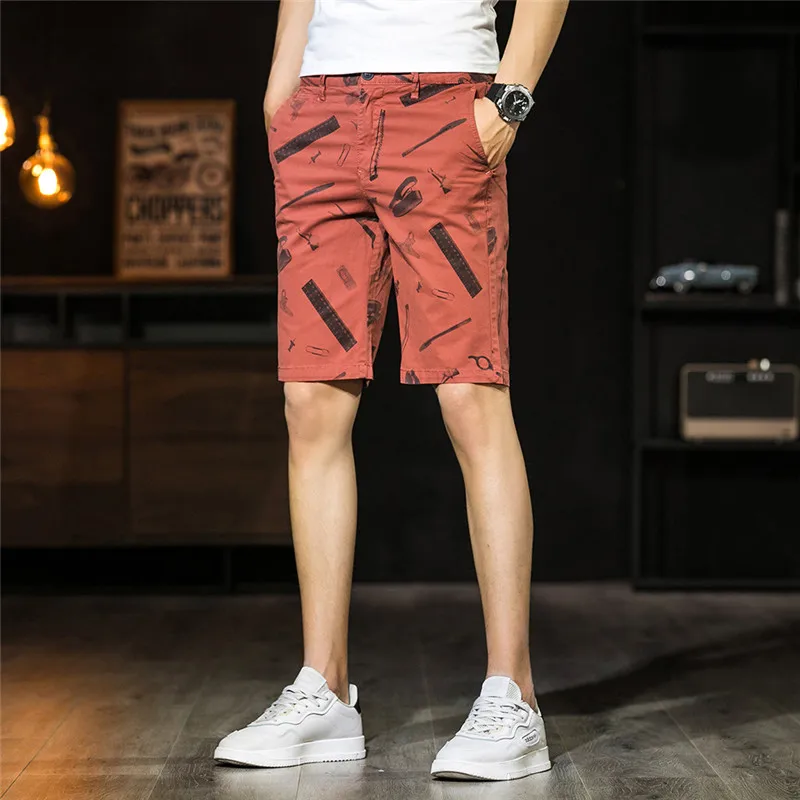 

VROKINO brand Summer 2020 new cotton shorts Men's stylish high-quality printed slim-fit Short pants Men's Khaki Army Green Red