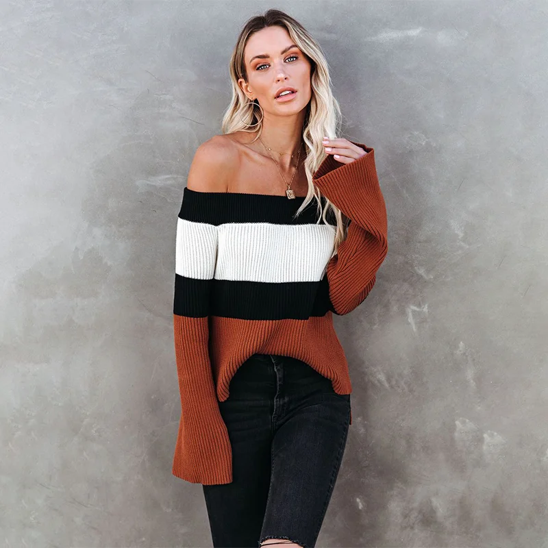 

Women's Slim-fit Pullovers Sweater Bell Sleeve Oversized Off Shoulder Streetwear Stripe Pattern Sweater Knit Tops