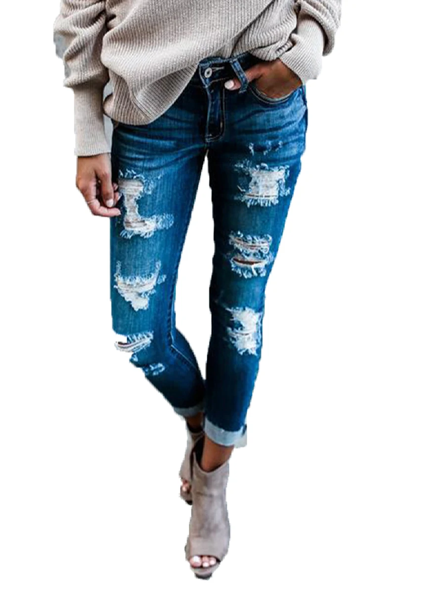 

Autumn Women Vintage Jeans Fashion Bleached Ripped Hole Skinny Distressed Jeans Femme Casual Slim Denim Pencil Pants Pantalon