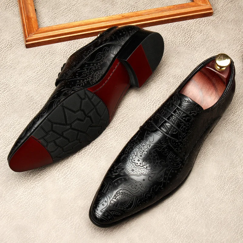 

QYFCIOUFU Men Dress Shoes Genuine Cow Leather Brogue Wedding Shoes Mens Flats Shoes Black Burgundy Oxford Shoes For Men Summer