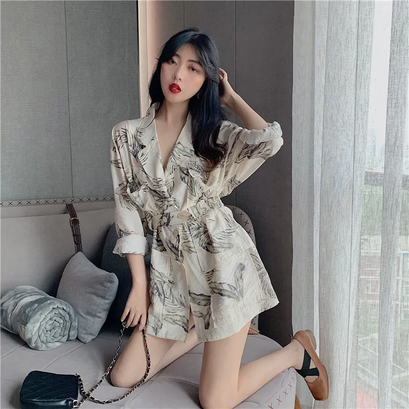 RUGOD New Women Thin Blazers Cotton And Linen Pockets Casual Coat Stylish Print Oversize Tunic Blazer Buttons Temperament