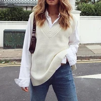 knitted jumper women solid sleeveless vest sweater pullovers mid length streetwear casual harajuku oversized v neck loose top