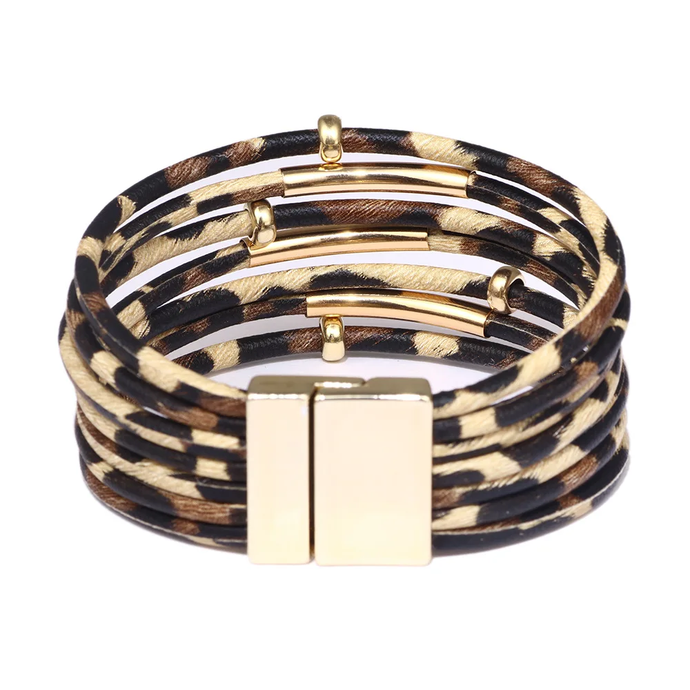 Multilayer Magnet Fashion Leopard Trendy Leather Bracelets Women Fashion Girl Cuff Bangle Female Jewelry geometric